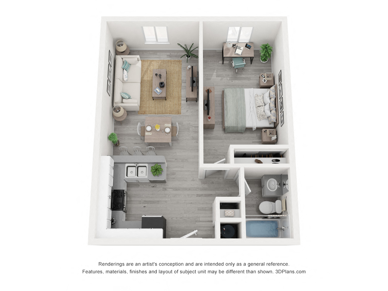 Floor plan for 1 bed, 1 bath, 680 sqft